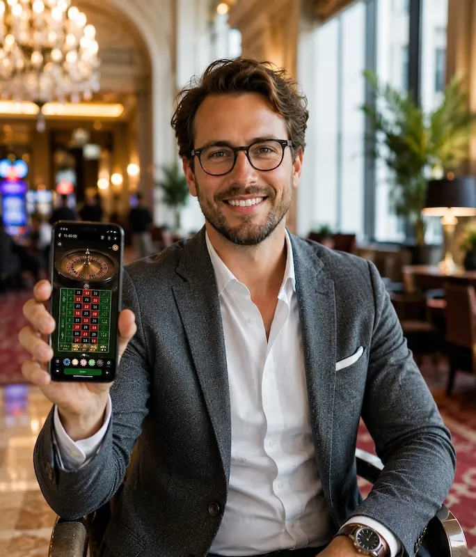 Fabian Leitner - Experte für Online-Casinos mit Smartphone und Roulette-App in luxuriöser Casino-Lounge